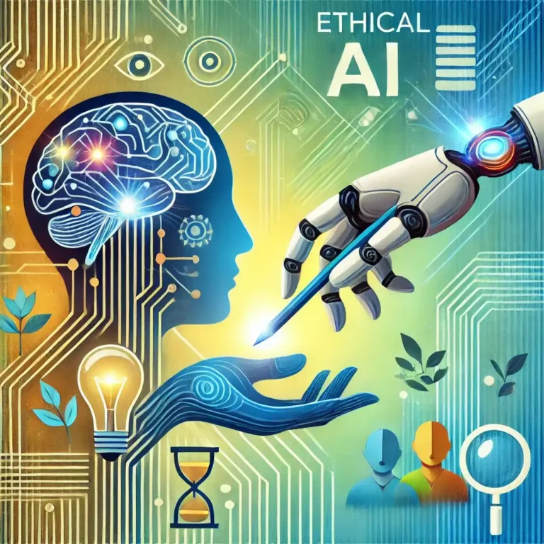 Abstract illustration of ethical AI in content creation, showcasing a balance between human creativity and AI technology, with symbols of inclusivity and transparency.