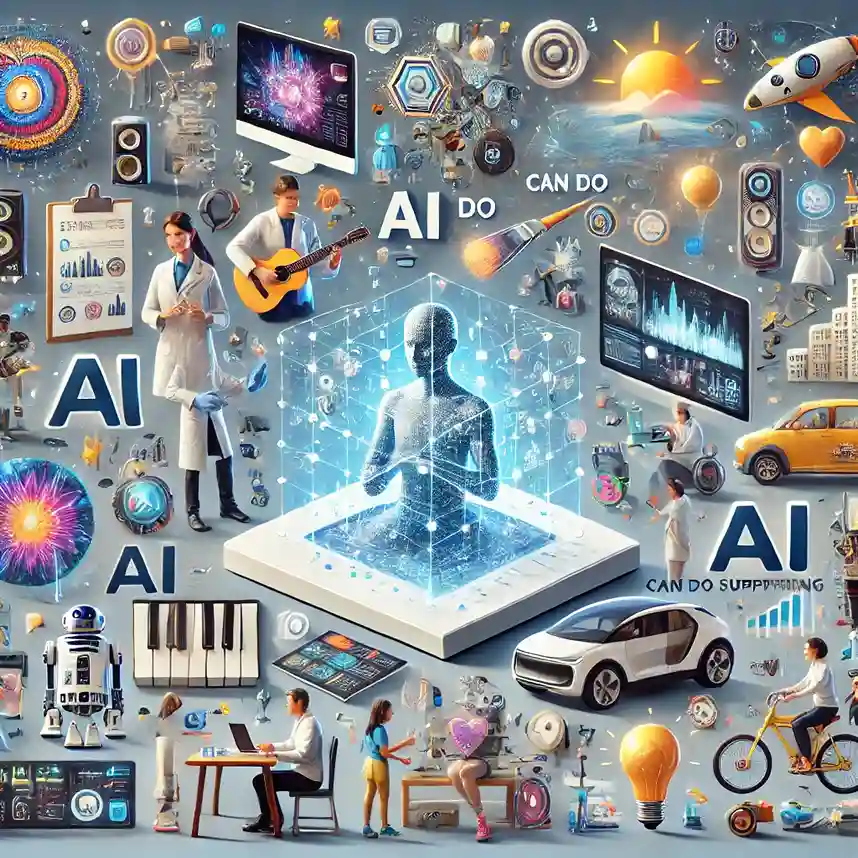 Futuristic image showcasing 10 surprising things AI can do, including music composition, art generation, health predictions, and more.