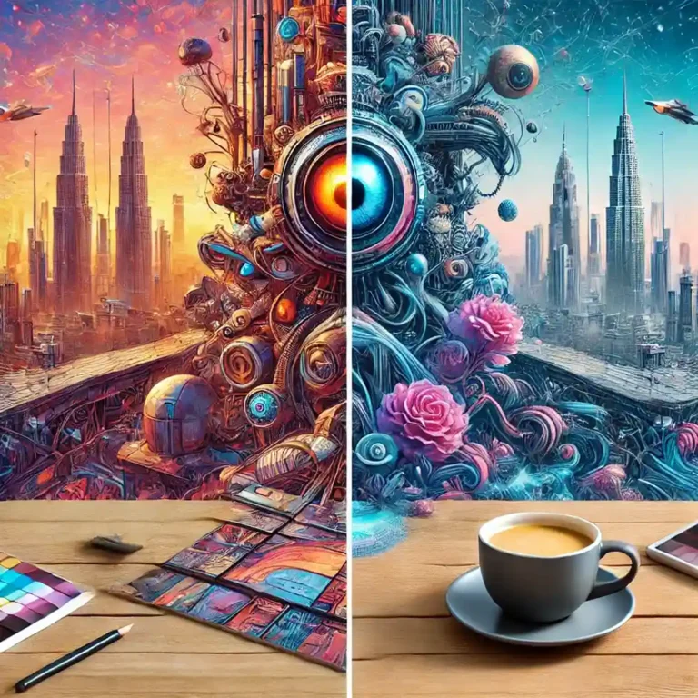 A split-view graphic comparing two AI image generators: MidJourney, showcasing vibrant artistic visuals like a futuristic cityscape, and DALL·E, displaying a photorealistic coffee mug on a wooden table.