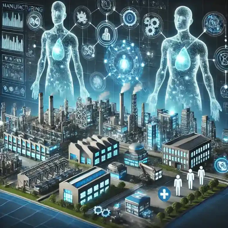 Futuristic digital twins of a factory, smart city, and healthcare system interconnected with AI.