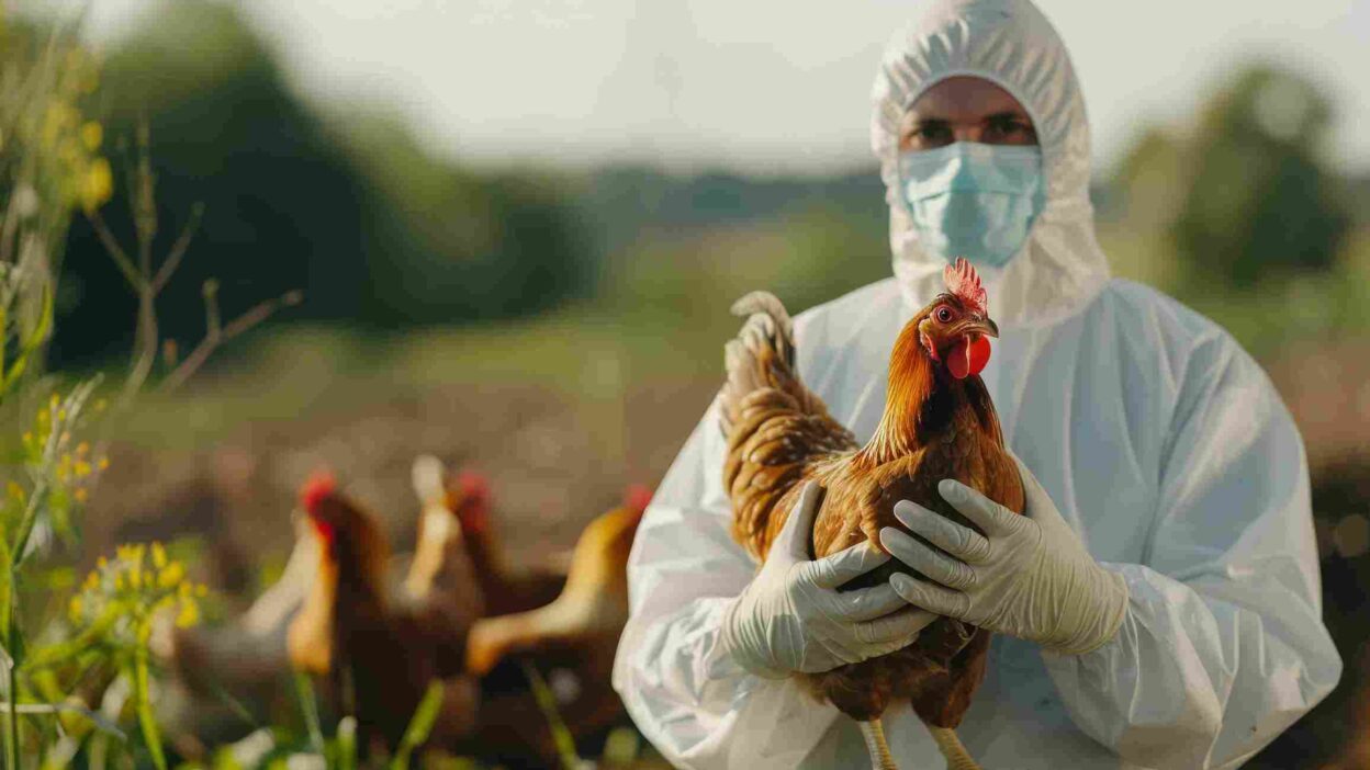 A man in protective clothing holding a hen, standing in a poultry farm during pandemic-like conditions.