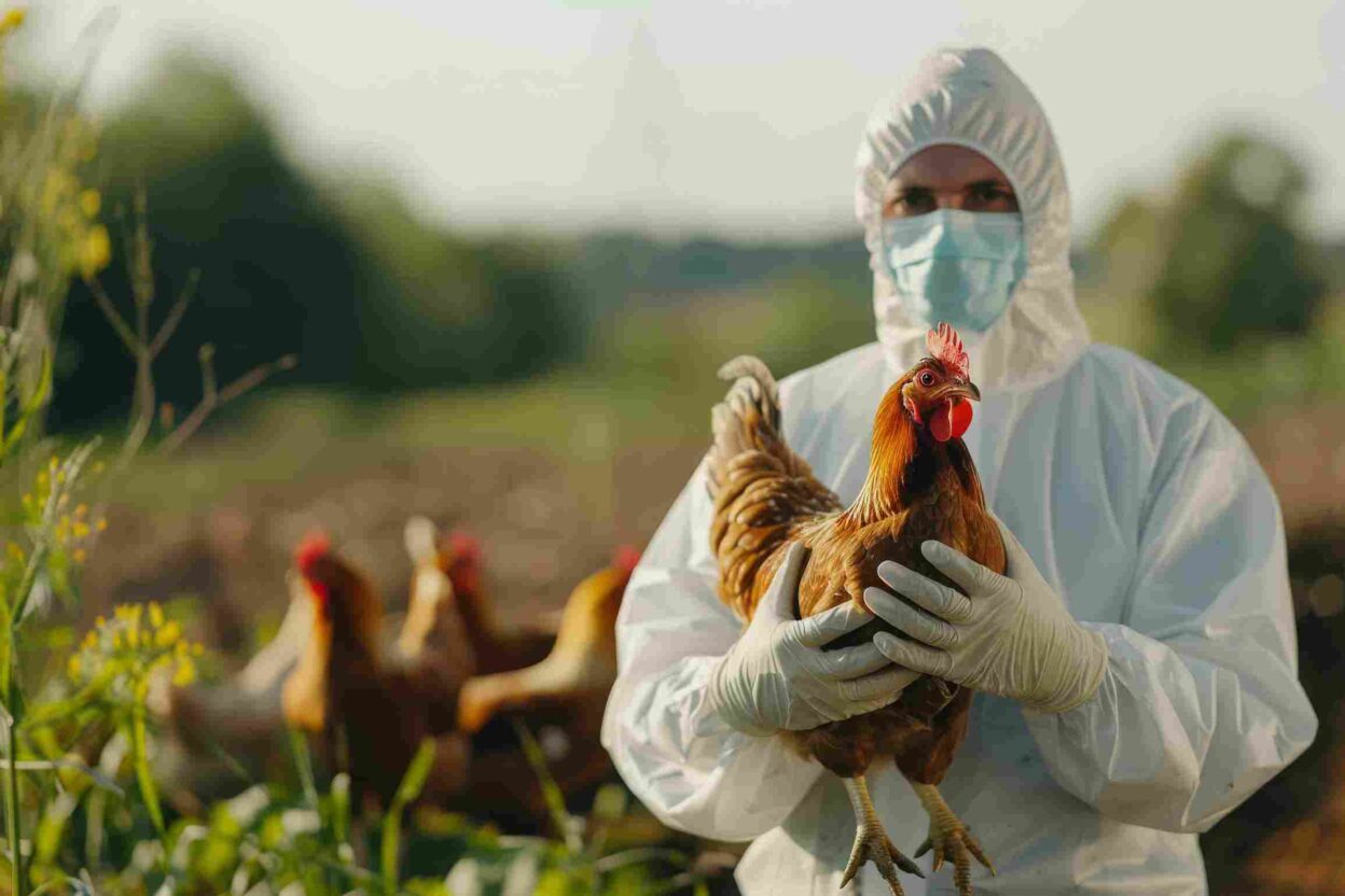 A man in protective clothing holding a hen, standing in a poultry farm during pandemic-like conditions.