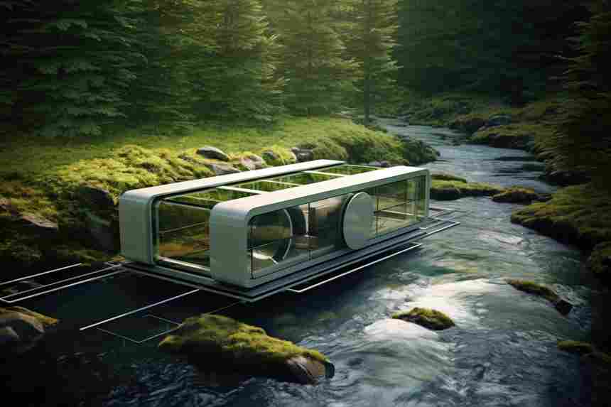 An artistic representation of a futuristic water structure powered by AI, highlighting sustainable water management.