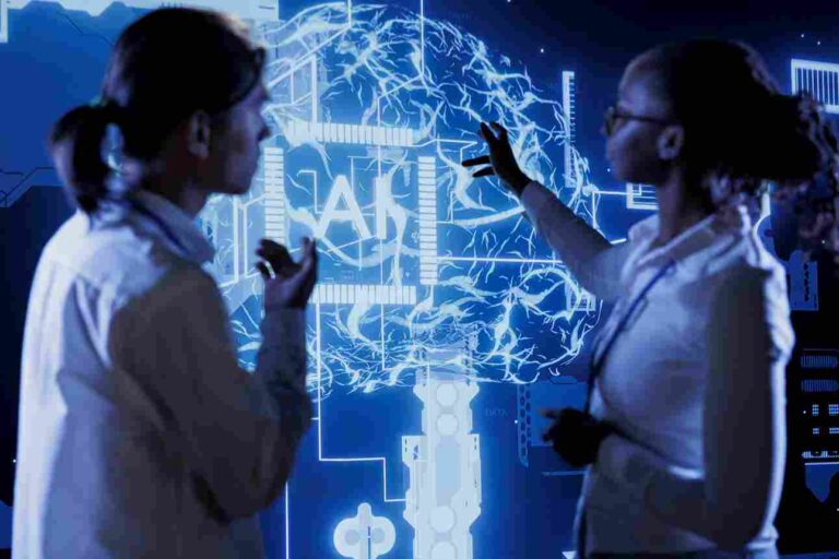 Technicians and AI specialists working together to implement artificial intelligence for processing large datasets and extracting usable information.