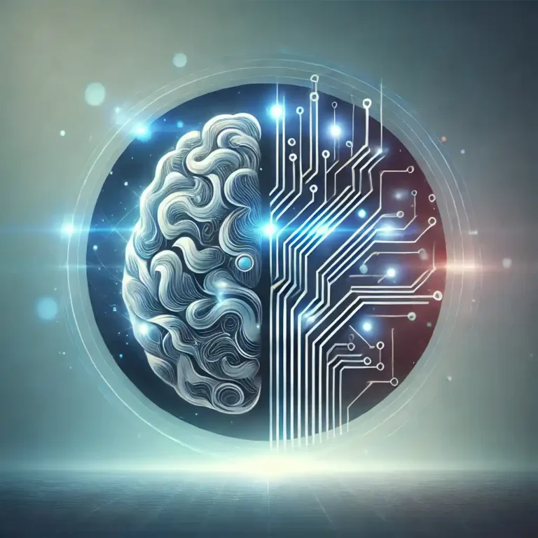 A digital illustration of a human brain merging with a circuit board, symbolizing the harmony between human wisdom and artificial intelligence.