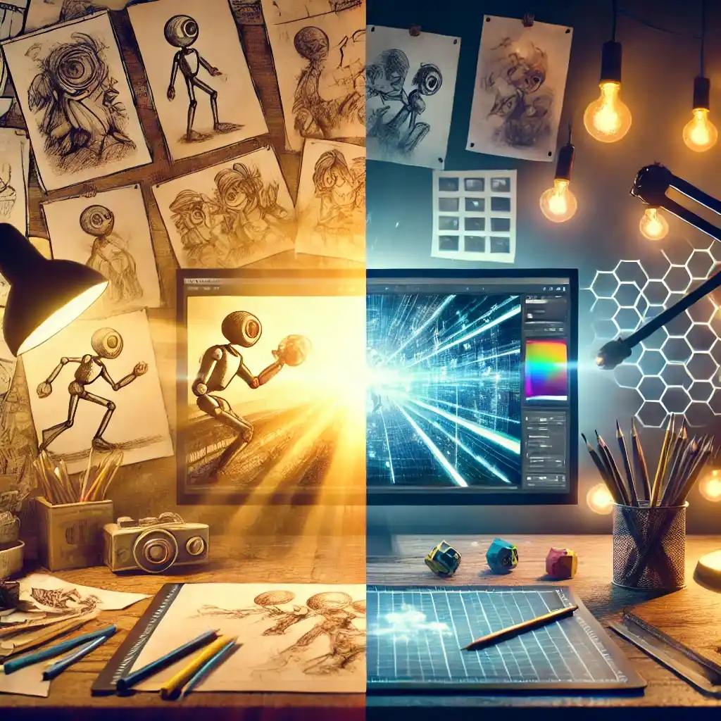 A side-by-side comparison of traditional animation tools and AI-powered animation with SORA, illustrating the evolution of animation technology.