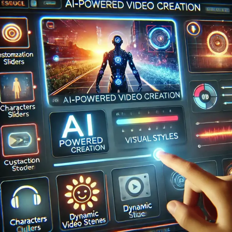 Futuristic AI-powered video creation interface with glowing customization tools and a dynamic video preview