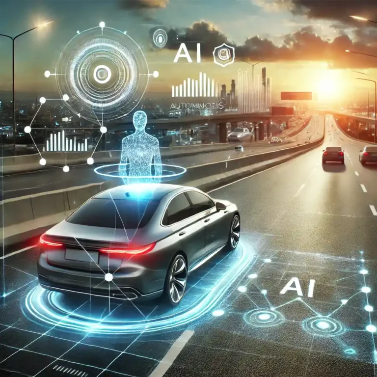 Futuristic self-driving car on a highway with AI sensor and data overlay.