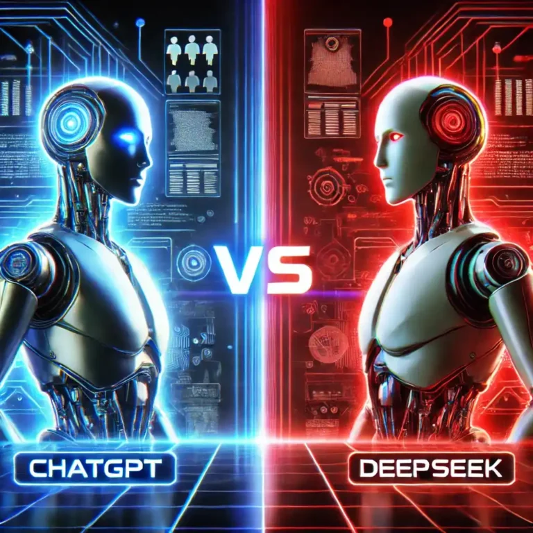 futuristic AI battle scene featuring ChatGPT in glowing blue and DeepSeek in sharp red, set in a high-tech digital environment with data streams and circuits.